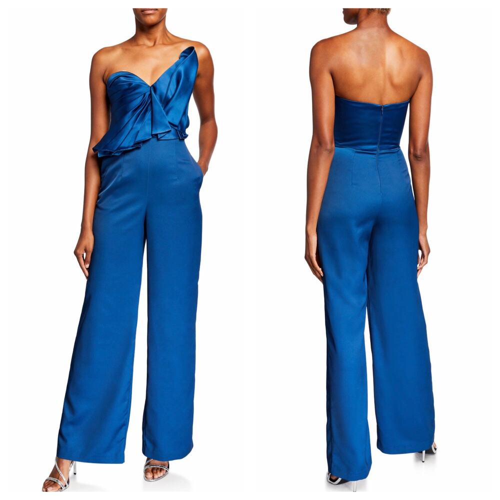 Flor et.al Blue Satin One Shoulder‎ Wide Leg Jumpsuit Size 4 Formal Evening